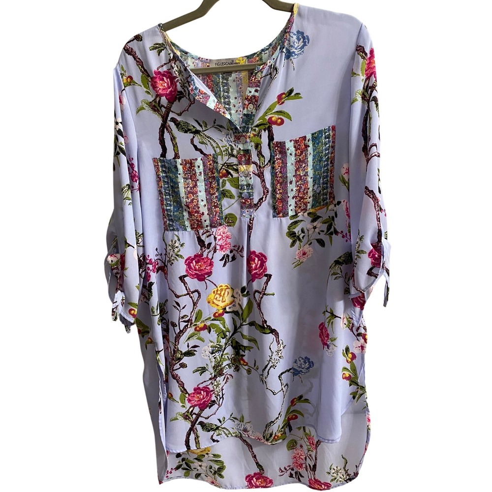 Figueroa & Flower Blue Floral Tunic Blouse XL Tie Sleeve High Low RYD1916